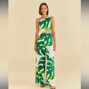 FARM Rio White Monstera One Shoulder Tropical Jumpsuit Large